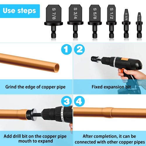 GQFOWE 6Pcs HVAC Repairing Set, Boring Drill Bits, Air Conditioner Copper Tube Expander Swaging Tool Manual Copper Pipe Swage, Soft Copper tubing 1/4'', 3/8'',1/2'',5/8'',3/4'',7/8'' Bits Set