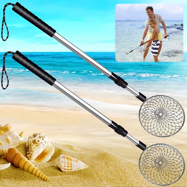 Lanathel 2 Pack Beach Sand Sifter with 2 Pcs Mesh Beach Bag, Sand Scoops, Shell Scooper, Shark Tooth Sifter for Beach, Beachcombing & Rock Hunting, Extra Long 16.92''~29.52'' Adjustable Handle