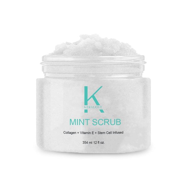 Keralove Scrub with Collagen and Stem Cells 12 oz - Exfoliating Himalayan Salt Scrub for Cellulite - Deep Cleansing for Acne, Scars, Wrinkles - Moisturizes Skin (12, Mint)