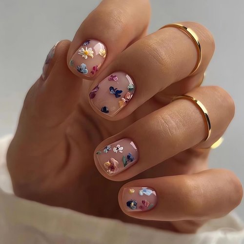 Extra Short Press on Nails Square Fake Nails Flower Designs - LPOODDNU 24 Pcs Spring False Nails Cute Small Acrylic Press on Nails Stick on Nails Reusable Artificial Nails for Women Manicure Supplies