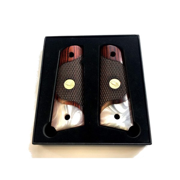 Compatible Replacement for 1911 Grips Full Size Double Diamond Checkered Rosewood Faux Pearl Premium Gun Grips w/Eagle Medallion Bonus 4 Gold Screws