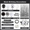 HEDUPT Black Happy Birthday Party Decorations for Men with Happy Birthday Banner, Black and Silver Balloons, Foil Fringe Curtains, Tissue Paper Pompoms, Glitter Star Garland, Cake Topper