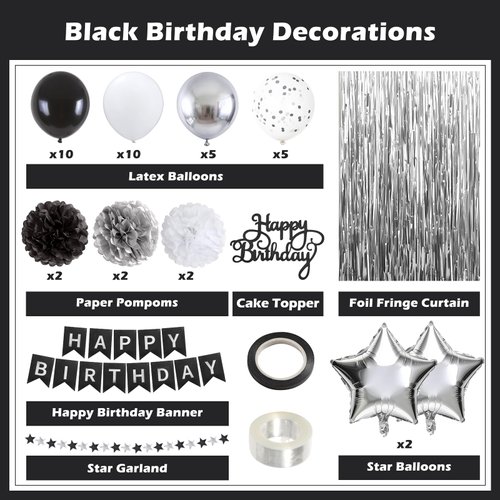 HEDUPT Black Happy Birthday Party Decorations for Men with Happy Birthday Banner, Black and Silver Balloons, Foil Fringe Curtains, Tissue Paper Pompoms, Glitter Star Garland, Cake Topper