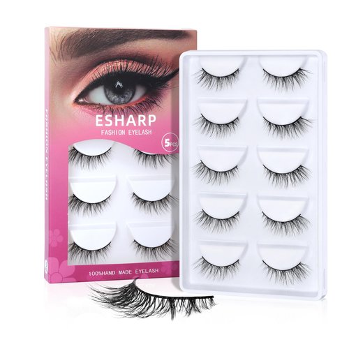 ESHARP False Eyelashes Natural Looking Half Lashes 3D Wispy Cat Eye Lashes 3/4 Faux Mink Lashes 12mm Lightness Comfortable Lashes Pack,5 Pairs