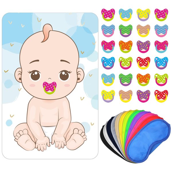 Outus Pin The Pacifiers on The Baby Game, Baby Pacifier Game Poster Come Extra with Pacifiers and Eye Masks for Baby Shower Party Kids Birthday Party Supplies