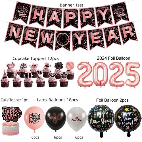 New Years Eve Party Supplies 2025 Rose Gold Happy New Year Decorations Happy New Year Banner 2025 Foil Balloons Rose Gold Fringe Curtain for Rose Gold New Year's Eve Party Supplies