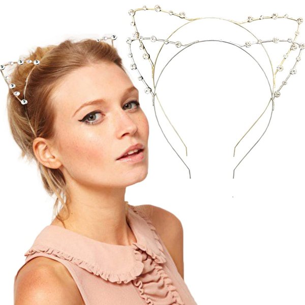 DRESHOW Rhinestone Cat Ears Headbands Kitty Crystal Hair Band for Girls and Women Pack of 2 Silver Gold Rhinestone Gold Sliver One Size
