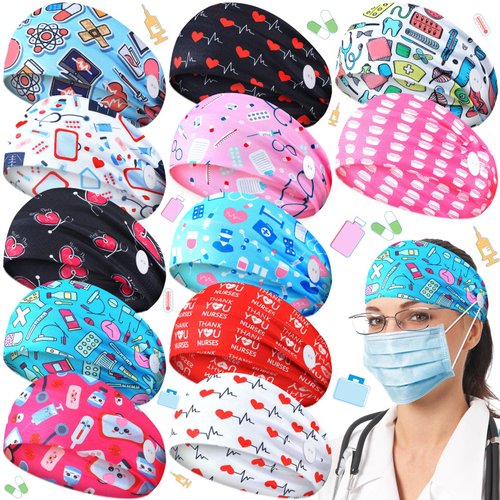 Jexine 12 Pieces Nurse Headbands with Buttons for Mask Non Slip Nursing Headbands Wide Headbands for Women Elastic Ear Protection Headband Hair Bands for Nurse's Day Gift Spa Yoga Sports Workout