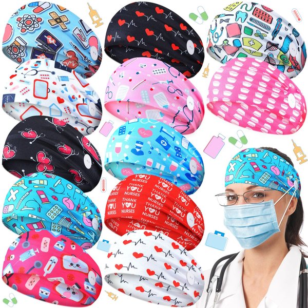Jexine 12 Pieces Nurse Headbands with Buttons for Mask Non Slip Nursing Headbands Wide Headbands for Women Elastic Ear Protection Headband Hair Bands for Nurse's Day Gift Spa Yoga Sports Workout