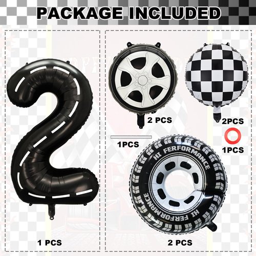YWQIPABA Race Car 2nd Birthday Party Balloons, 40 Inch Mylar Foil Racetrack Number 2 Balloon Black for Boys Two Fast Birthday Decorations,Race Car Theme Party Decorations Supplies 7 Pcs