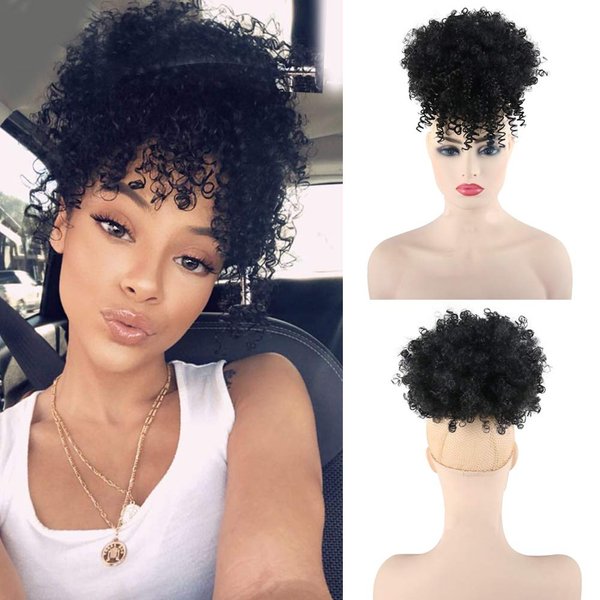 Aisaide Afro Puff Drawstring Ponytail Bun with Bangs for Black Women Short Afro Kinky Curly Drawstring Ponytail Extension Clip in Hair Extensions Pineapple Synthetic Black Ponytail with Two Clips
