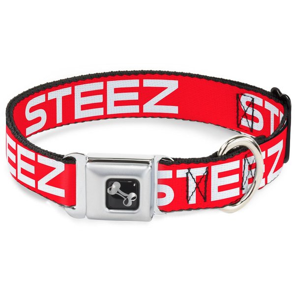 Dog Collar Seatbelt Buckle Steez Flat Red White 18 to 32 Inches 1.5 Inch Wide