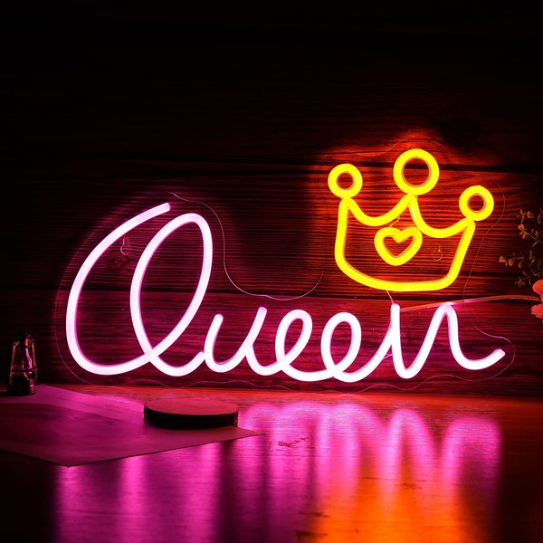 Queen Neon Sign Letter LED Neon Lights Dimmable USB Powered 16.5’’X9.3’’Cool Wall Decorative Light Bedroom Kids Room Birthday Party Decoration Gifts for Children（Pink Yellow）