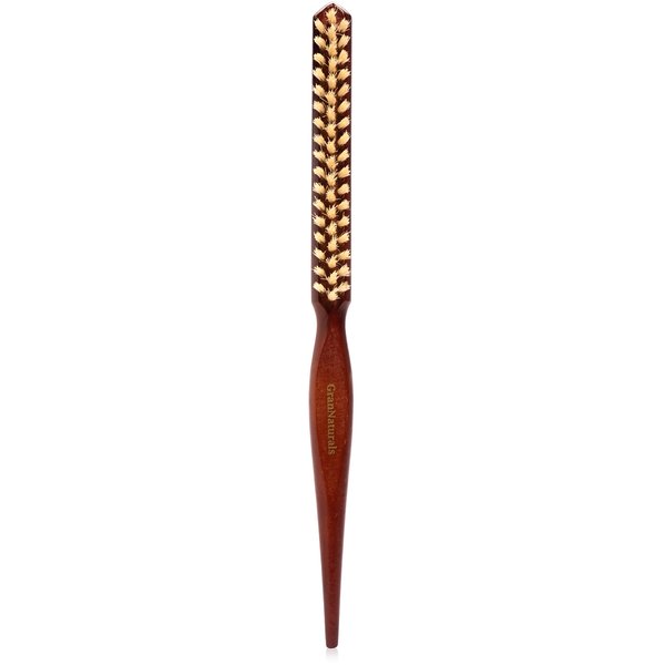 GranNaturals Soft Boar Bristle Teasing Brush for Slick Back Hair, Backcombing, Edge Control, Smoothing Baby Hairs to Create Volume and Sleek Hairstyle - White Bristles - Wooden Rat Tail Comb Handle