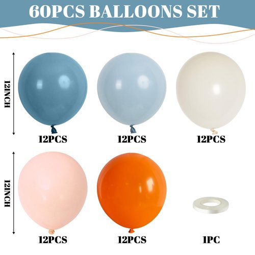 Orange Blue Balloons, 60 Pcs Orange Blue White Balloons, 12Inch Orange Pastel Orange Retro Sea Blue Light Blue Ivory White Balloons for Birthday Baby Shower Graduation Engagement Party Decorations