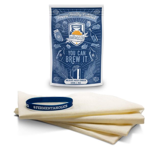 Unbleached Muslin Kombucha Covers - 4 Pack with Rubber Bands - 10" Square Fits Wide Variety Of Jar Openings - Tight Weave Keeps Flies Out - Let's Your Kombucha Breathe - Hand Wash