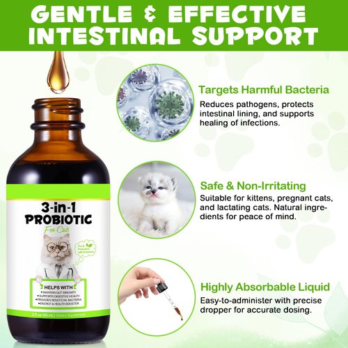 Probiotic for Cats, Natural 3 in 1 Cat Probiotic Drops Helps to Relieve Diarrhea, 60ml for Cats of All Ages, Supports Gut Health, with Digestive Enzymes & Prebiotics Liquid Supplement