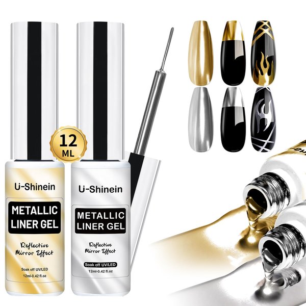U-Shinein 2x12ml Metallic Mirror Painting Gel Nail Polish, Silver & Gold Metal Painted Drawing Gel with Build in Thin Brush, Chrome Gel Polish Nail Art Gel Liner Soak Off DIY Nail Art Manicure