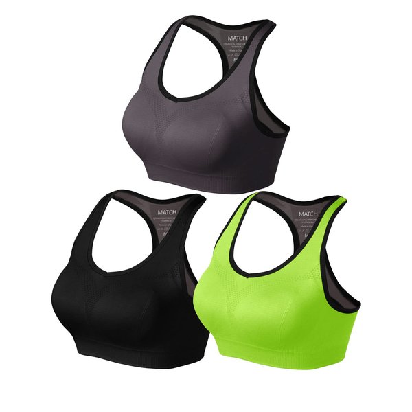 Match Womens Sports Bra Wirefree Seamless Padded Racerback Yoga Bra for Workout Gym Activewear with Removable Pads #001(1 Pack of 3(Black-Bright Green-Gray Brown),L)