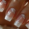 MISUD Press on Nails Short Square Fake Nails Glossy Glue on Nails Nude Ombre Acrylic Nails Squoval Artificial Nails Bling Glitter Stick on False Nails with White French Tip Design 24 pcs