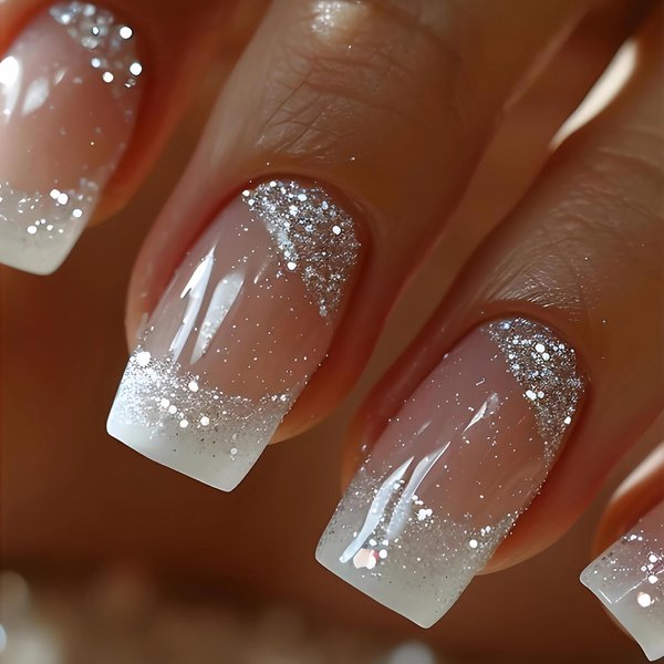 MISUD Press on Nails Short Square Fake Nails Glossy Glue on Nails Nude Ombre Acrylic Nails Squoval Artificial Nails Bling Glitter Stick on False Nails with White French Tip Design 24 pcs