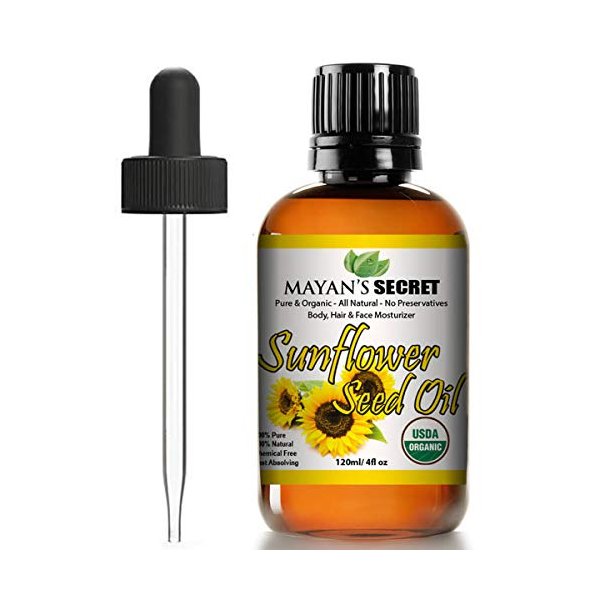 Mayan's Secret SUNFLOWER SEED OIL - 4oz size | All Natural Cold Pressed USDA Certified Organic - High Linoleic | Best for Acne Prone Oily Skin and Face | Daily or Nighttime Regimen