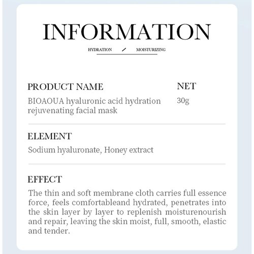 BIOAQUA Facial Mask Firming Deeply Nourish Moisturizing 98% Natural Extract Hydrating Face Mask 5PCS Set (Hyaluronic Acid (Hydration))