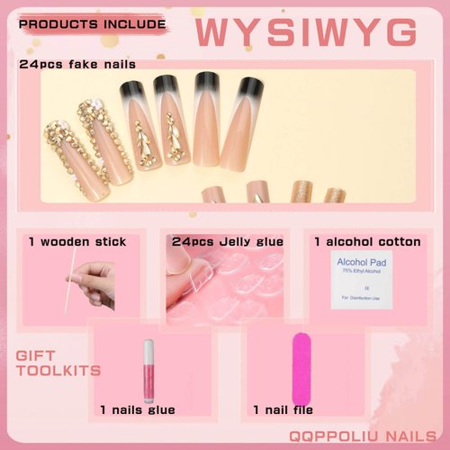 QQPPOLIU Long Press on Nails Square,Black French Tip False Nails with Glitter Design Hot Girls Nails 24Pcs(Gold & Black)