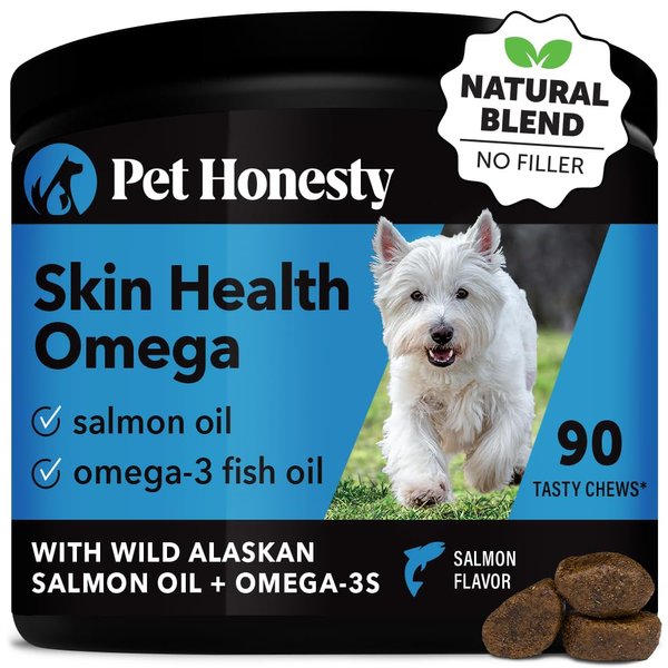 Pet Honesty Omega SkinHealth Chews for Dogs - Omega 3 Fish Oil - Krill, Spirulina, Omega-3s, Alaskan for Healthy Skin & Coat, Helps Itchy Skin, Dog Allergies, May Reduce Normal Shedding - (90 Count)