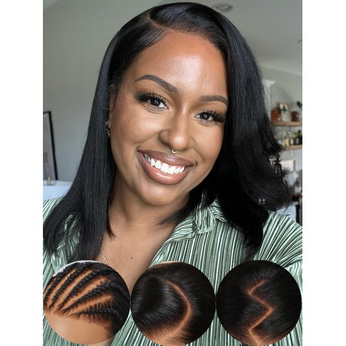 Nadula Pre Everything Glueless Yaki Straight Bob Wig 13x4 HD Pre Cut Short Bob Lace Front Wigs Human Hair with Ear Tape Bleached Invisible Bye Bye Knots Bob Wig Pre Plucked 150% Density 12inch