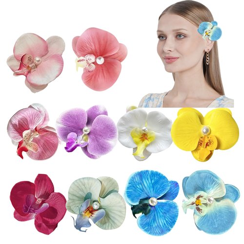10 Pieces Orchid Flower Hair Clips Boho Butterfly Orchid Hair Barrettes, Hawaiian Bohemian Phalaenopsis Flower Hairpins Hair Accessories for Women Girls Seaside Holiday, Bridal Wedding