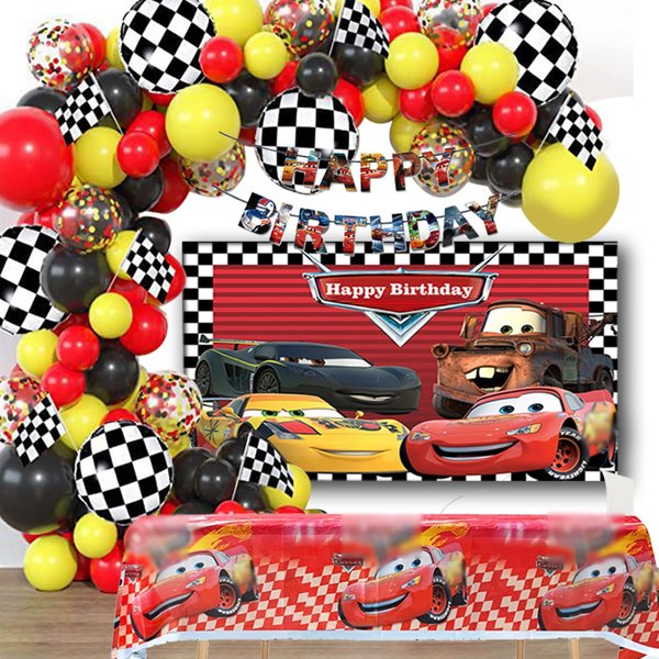 Lnkdeya Race Cars Birthday Party Decoration-144Pcs Racing Cars Checked Balloon Garland Kit Cars Banner Racing Backdrop Tablecloth