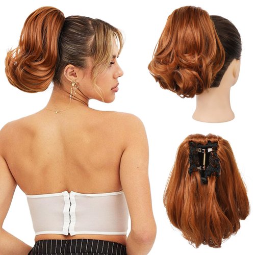 Flufymooz Ponytail Extension, 8 inch Short Claw Ponytail Extension Wavy Curly Jaw Clip in Pony tails Hair Extension Natural Synthetic Hairpiece for Women (Copper Red)