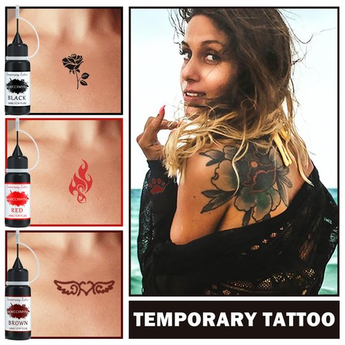 AWCCXMYM Temporary Tattoo Ink Temporary Tattoo Kit Skin Friendly Long Lasting Waterproof Fake Tattoos with Stencils for Face Body Paint DIY Tattoo Patterns Vegan & Cruelty Free (Black + Red + Brown)
