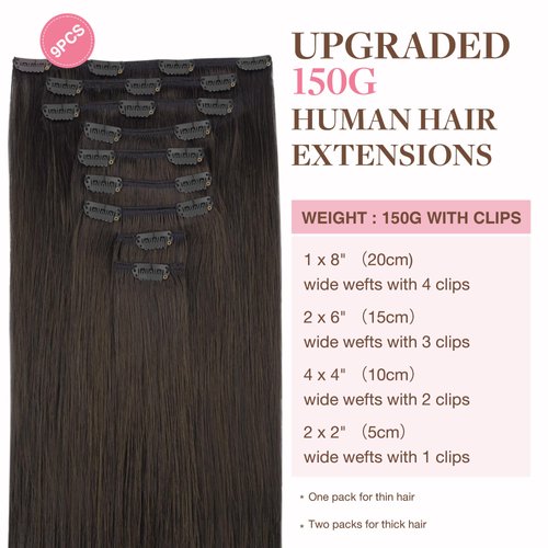 GOO GOO Clip in Hair Extensions Real Human Hair, 16inch 150g 9Pcs, 2 Dark Brown, Remy Human Hair Extensions Clip ins for Women, Natural Human Hair