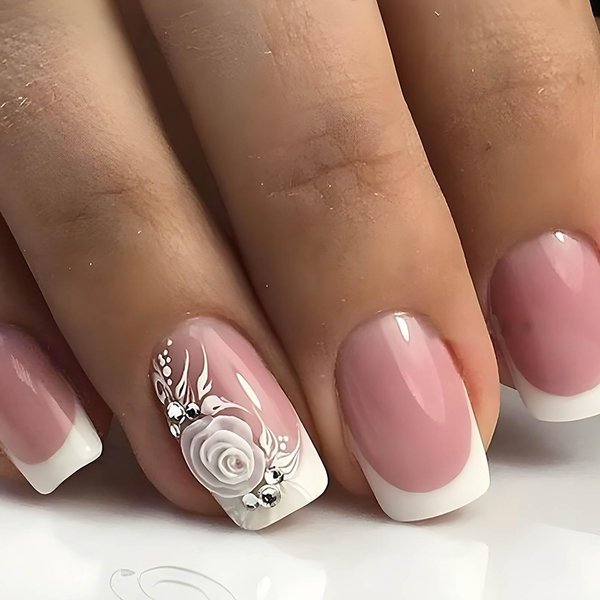 RTKHFZE Square Press on Nails Medium French Tip Fake Nails with Rhinestones & Flowers Designs Full Cover False Acrylic Nails for Women & Girls 24Pcs Artificial Nails