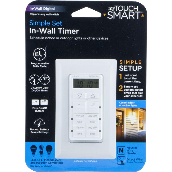 myTouchSmart In-Wall Digital Timer, 4 Programmable On/Off Buttons, 2 Easy On/Off Buttons, 24 Hour Daily Cycles, Blue LED Indicators, with Battery Backup, for Indoor/Outdoor Lights, Fans, 26893