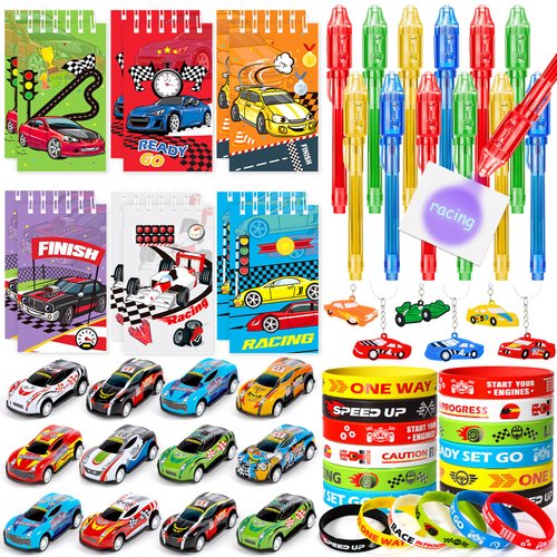 SNLN Race Car Party Favors Birthday Supplies Invisible Ink Pen Spiral Notepad Mini Race Car Silicone Bracelet Keychain Goodie Bag Stuffer Kids Boys Two Fast Racing Racecar Party Supplies Decorations