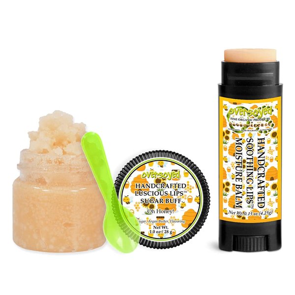 Oh Honey! Soothing & Luscious Lips by OverSoyed Exfoliator & Chapped Lip Repair Lip Care Combo | Artisan Handcrafted to Order Sweet Honey Floral Tupelo Flavored Exfoliating Sugar Lip Scrub & Lip Moisturizer Balm Gift Set