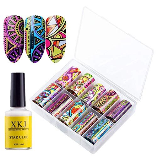 XICHEN 10 Roll/Color Starry Sky Nail Foil Transfer Sticker Paper Colorful Gradient Starry Sky Nail Art Decoration Kit，with 1 Bottle of Professional Star Glue (Bohemian Style 2#)