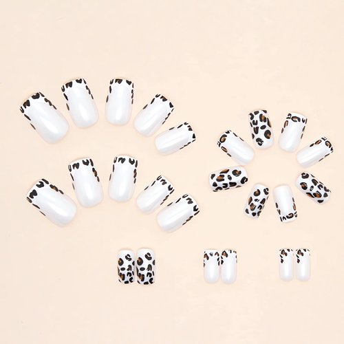 OCOUYVD 24Pcs Leopard Press on Nails Short French Tip Fake Nails Square Acrylic Nails Silvery White Stick on Nails with Designs Glossy French Glue on Nails for Women and Girls Nail Decorations