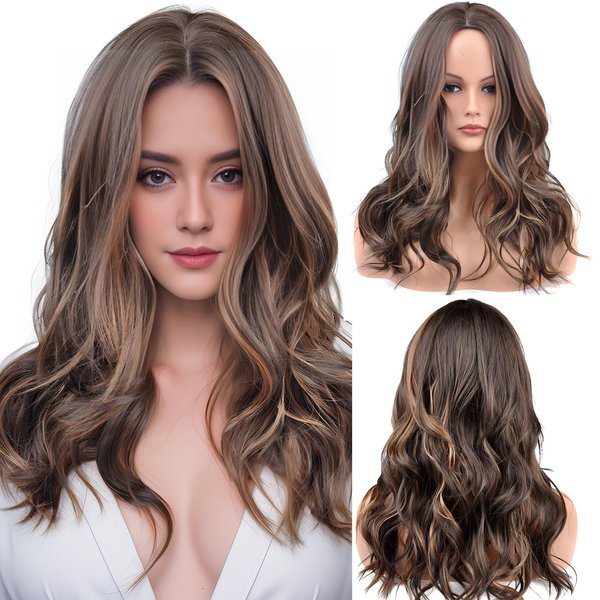 Vieuinaux Brown Mixed Ash Blonde Long Wigs for Women,20inch Wave Curly Middle Part Synthetic Hair Wig Daily with layered