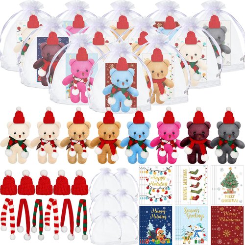 Poen 24 Set Christmas Gift 4 Inch Mini Christmas Stuffed Plush Bear with Santa Hat Scarf Christmas Cards Organza Bags Xmas Stuffed Small Bear Toy Set for Xmas Holiday Party Favor(Vibrant Style)