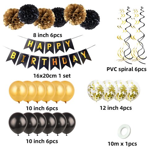 Black Gold Birthday Party Decorations Kit - Happy Birthday Banner, Spiral Charm，Paper Flower Ball, Latex Balloon and Confetti Balloons for Girls Boys Birthday Party Supplies