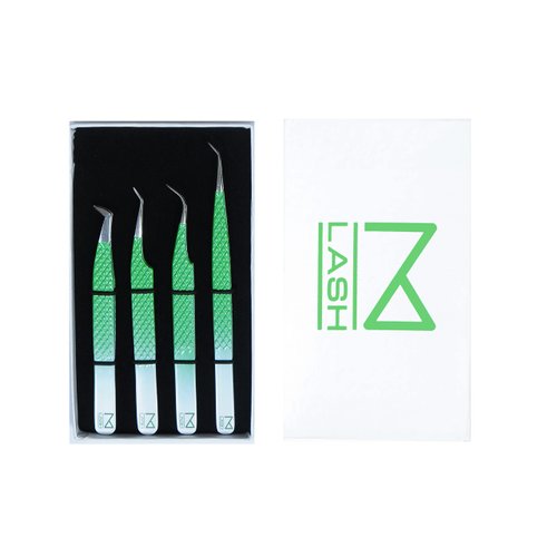M LASH Tweezers for Eyelash Extensions (Set of 4) - Professional Lash Extension Tweezers - Fiber Tip, Japanese Steel, Diamond Grip Eyelash Extension Tweezer (O4)