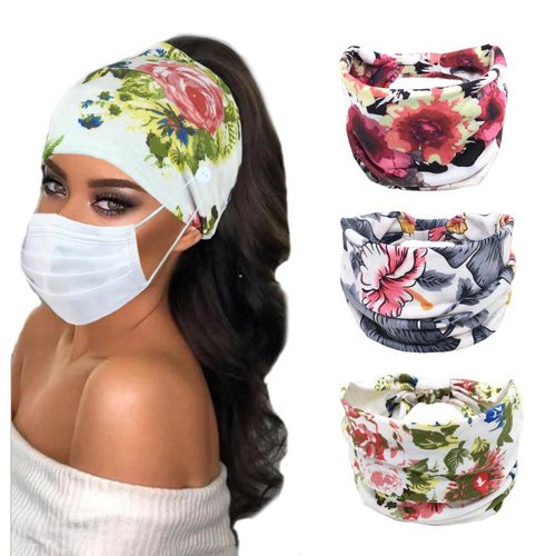 Efdagsad Boho Button Headband Women Wide Mask Hair Band with Button Boho Elastic Sports Headwear Yoga Ear Saver Hair Band Workout Headwrap (E)