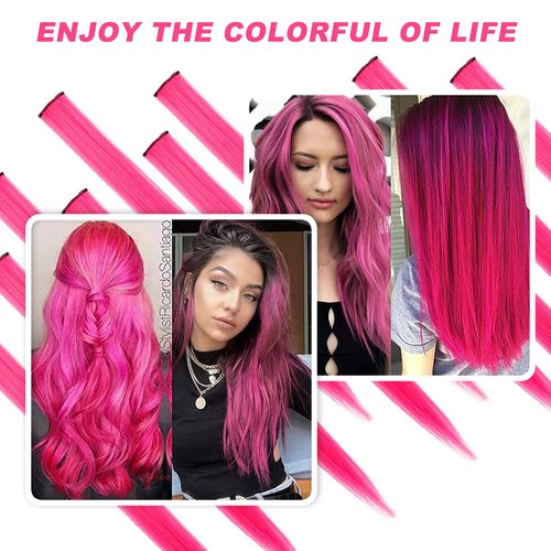 12 PCS Colored Hair Extensions, SOYZMYX Multi-color Party Highlights Clip in Synthetic Hair Extensions, 22 inch Colorful Hair Accessories for Girls Women Kids Hairpieces in Halloween (Hot Pink)