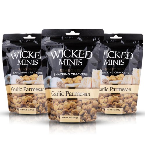 Wicked Minis Soup & Oyster Crackers-Saltine Crackers Salted Flavored Mini Puffed Soup Crackers, Savory Snacking Mix Seasoned Croutons Salad Toppers, Crackers for Chili 6oz(Garlic Parmesan, Pack of 3)