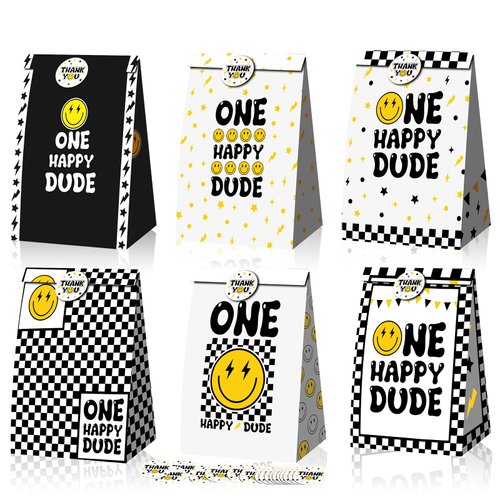 Yeaqee 24 Pcs One Happy Dude Party Favor Bags 1st Birthday Party Decoration Smile Face Paper Gift Bags One Happy Dude Goodie Treat Candy Bag for One Happy Dude Birthday Party Supplies(Stickers Style)