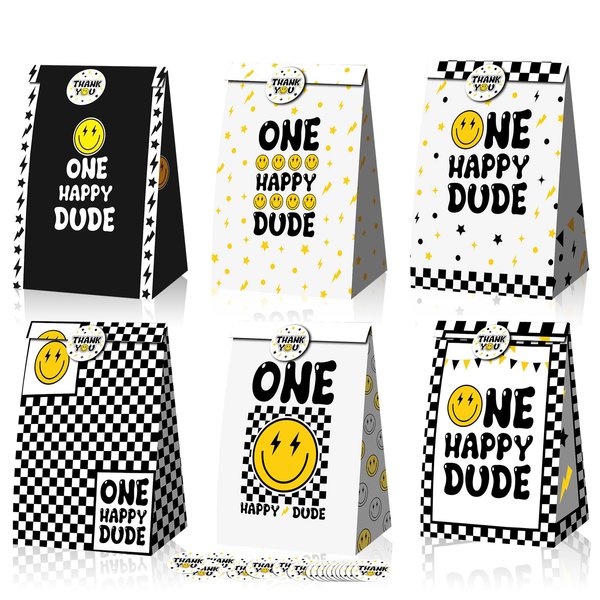 Yeaqee 24 Pcs One Happy Dude Party Favor Bags 1st Birthday Party Decoration Smile Face Paper Gift Bags One Happy Dude Goodie Treat Candy Bag for One Happy Dude Birthday Party Supplies(Stickers Style)